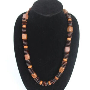 Vintage Brown Wood Retro Beaded Boho Bohemian Long Cocktail Costume Necklace